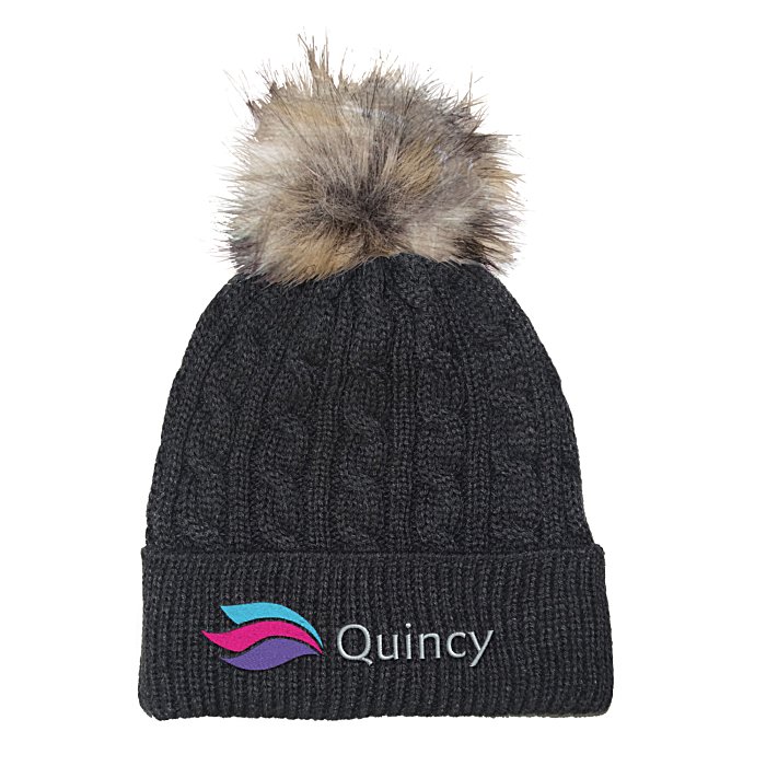 Custom Cable Knit Beanie with Faux Fur Pom Pom