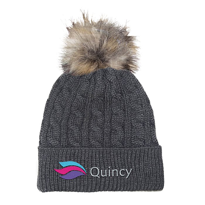 Custom Cable Knit Beanie with Faux Fur Pom Pom