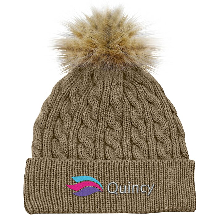 Custom Cable Knit Beanie with Faux Fur Pom Pom