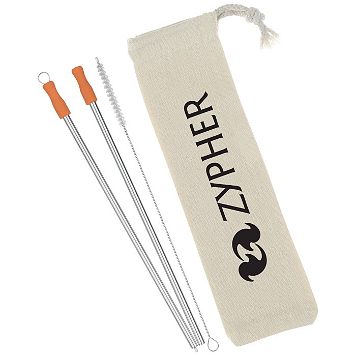 Custom Stainless Straw Set in Cotton Pouch - 2 Pack
