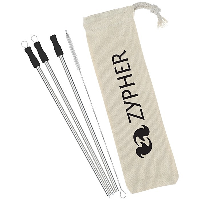 Custom Stainless Straw Set in Cotton Pouch - 3 Pack