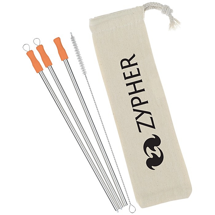 Custom Stainless Straw Set in Cotton Pouch - 3 Pack