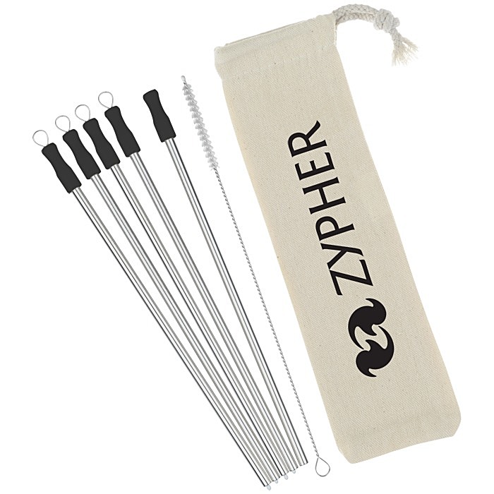 Custom Stainless Straw Set in Cotton Pouch - 5 Pack