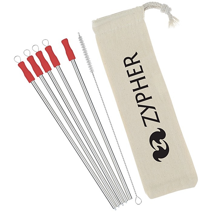 Custom Stainless Straw Set in Cotton Pouch - 5 Pack