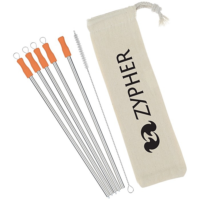Custom Stainless Straw Set in Cotton Pouch - 5 Pack